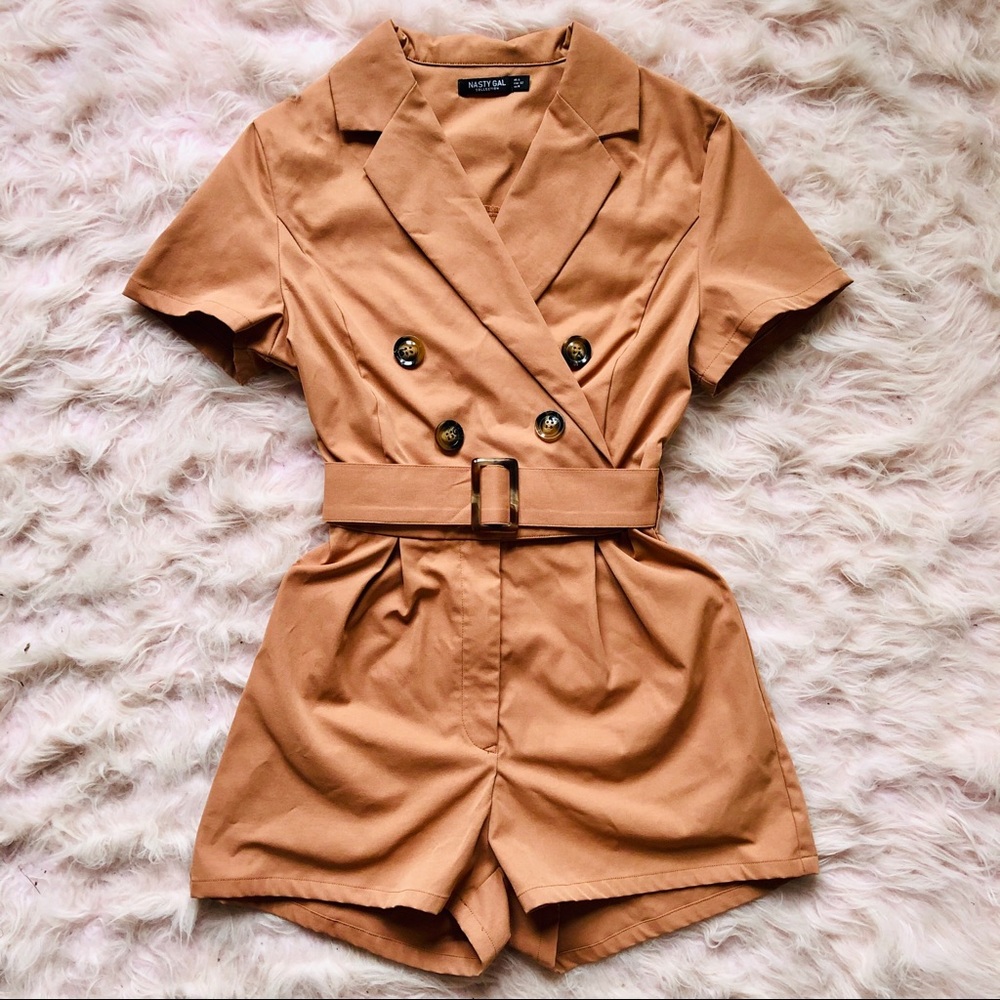 Nasty Gal beige belted utility romper